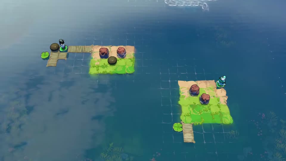 Two small diagonal islands, each with two red rocks. A wooden jetty and a round stone sit to the upper left; the lower island has a short downward jetty.