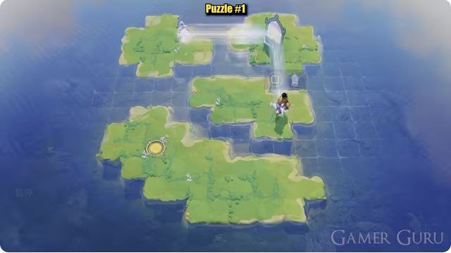 Four islands: an upright mirror on the northeast island, the Trader starting southeast, a small northwest island, and a gold exit on the large southwest island.