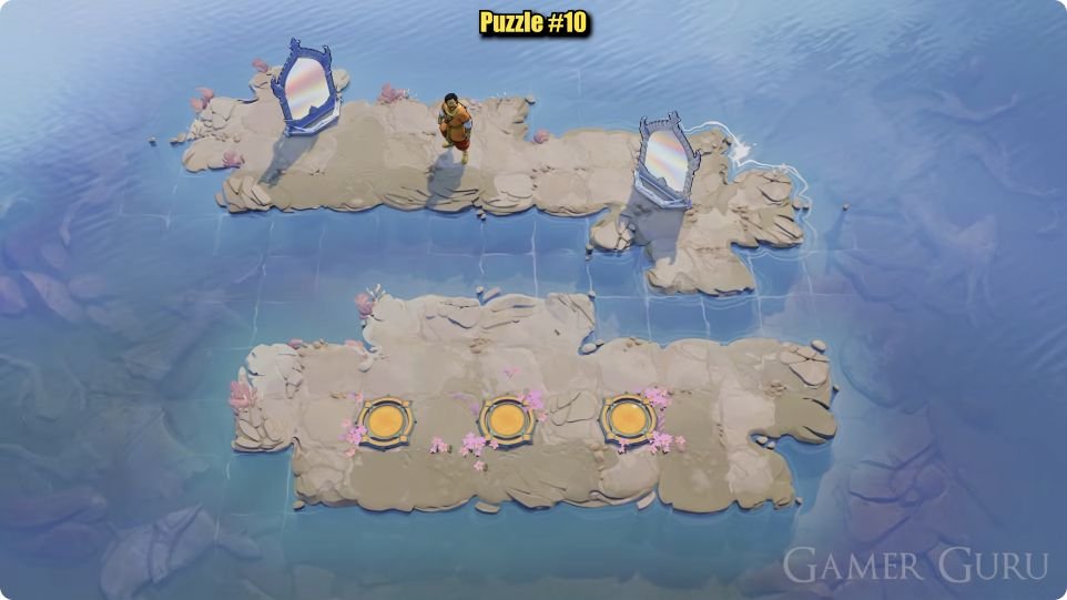 A long upper island has a narrow central bar, a southeast lobe and mirrors towards its two ends. The large island below has three gold circles in a row, a northern central protrusion and a right-hand shelf.