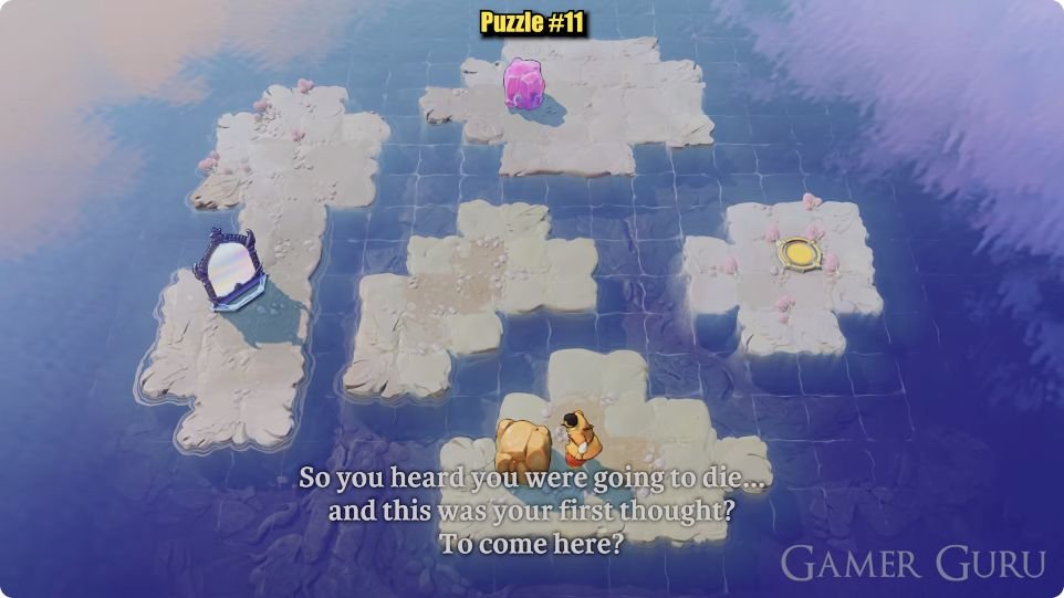 Five islands: a mirror on the long western island, a pink rock on the northern island, an L-shaped central island, a tan rock beside the southern starting character, and a gold circle on the isolated eastern island.