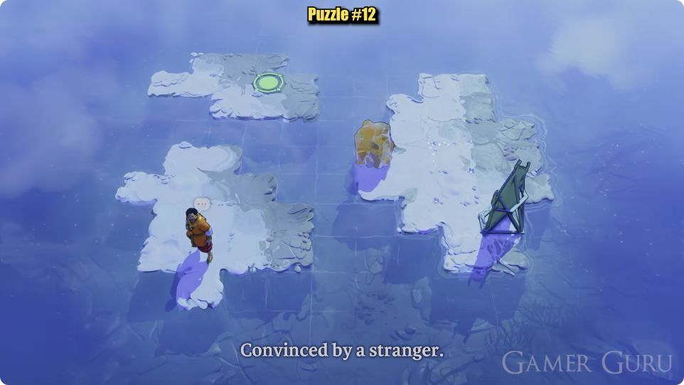 Three snowy islands: the character starts southwest; a gold rock and tall green-backed mirror are on the larger eastern island; a green circle sits on the small, separate northwest island.