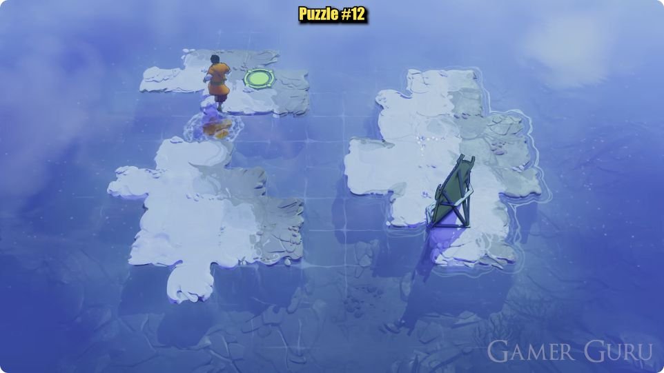 The gold rock is now flat in the northern gap, and the character walks across it onto the small green-circle island.