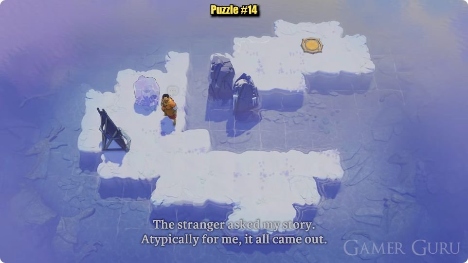 Snowy land forms a broad western body and a long bottom arm extending east. A separate northeast island holds one gold circle, with two tall dark pillars between it and the western land. A pink rock starts northwest of the character; the dark-backed mirror is on the western body’s southwest side.