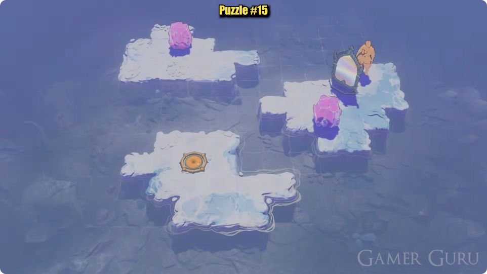 Three snowy islands: a northwest rectangle with one pink rock, a northeast starting island with a mirror and another pink rock southwest of it, and a larger southwest island with a gold circle and an east-projecting lip. The character starts beside the northeast mirror.
