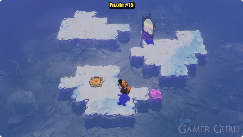 The character has stepped west from the new stone onto the exit land. Continue northwest to the gold circle; the mirror remains on its separate supporting rock.