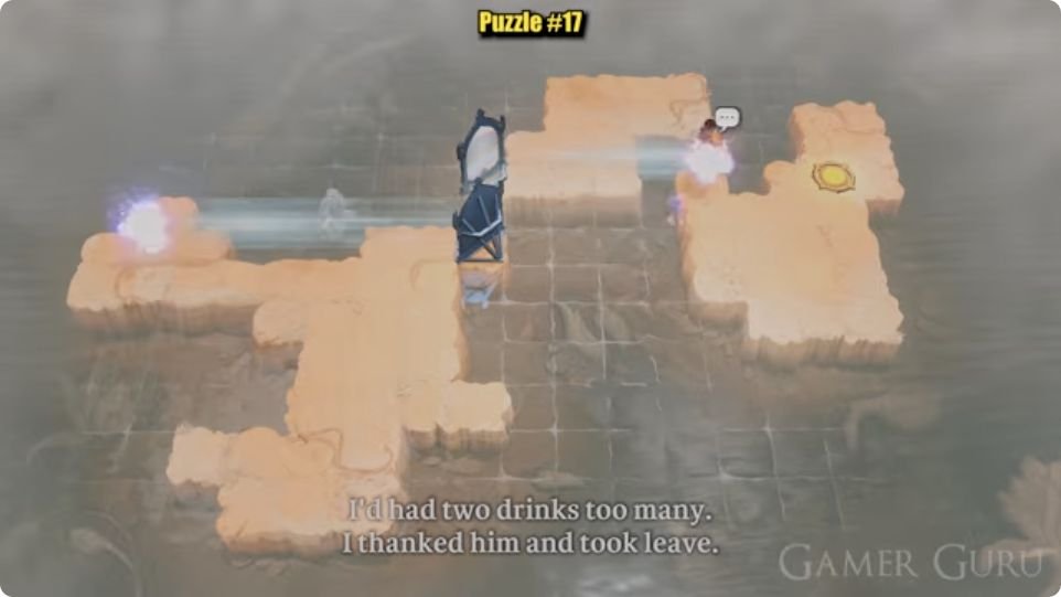 The character has transferred onto the eastern exit island, leaving a purple transfer effect at the western arm.