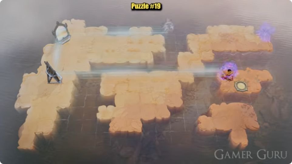 The character transfers from the upper-right arm onto the separate eastern gold-circle island.