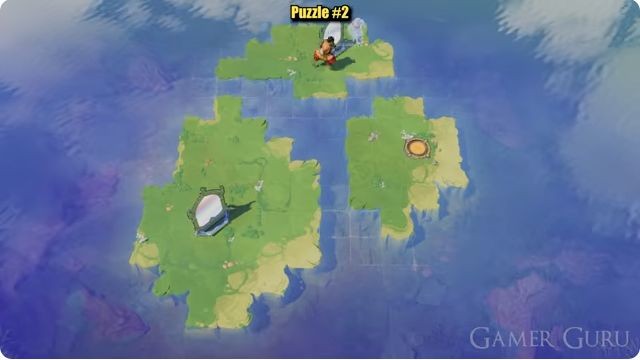 Three islands: the character and one mirror on the northern island, another mirror on the larger southwest island, and a gold exit on the small eastern island.