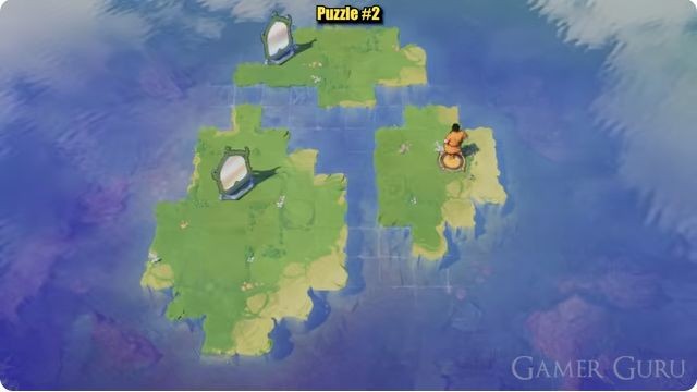 The character reaches the gold circle on the small eastern island.