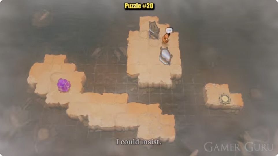 Two mirrors and the character start on a northern island. A pushable purple crystal stands on a long southwest island, and a separate small eastern island holds the gold circle.