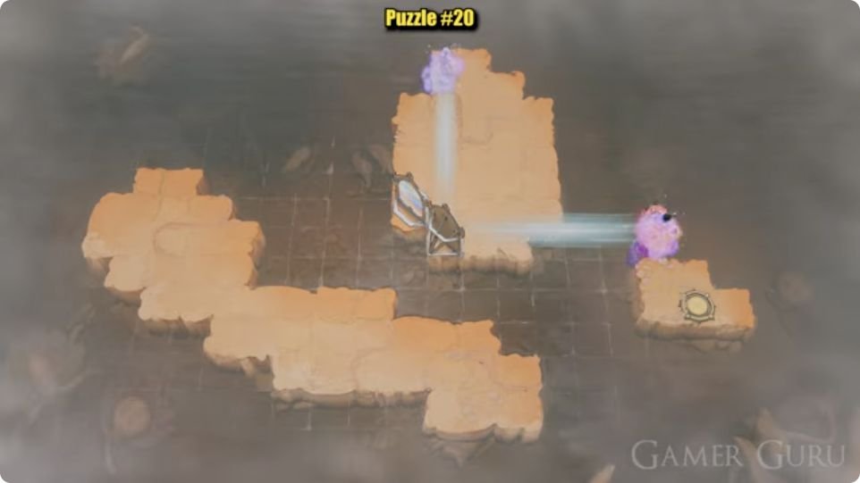 The character now transfers onto the eastern island; the purple crystal already arrived there in the previous mirror arrangement.