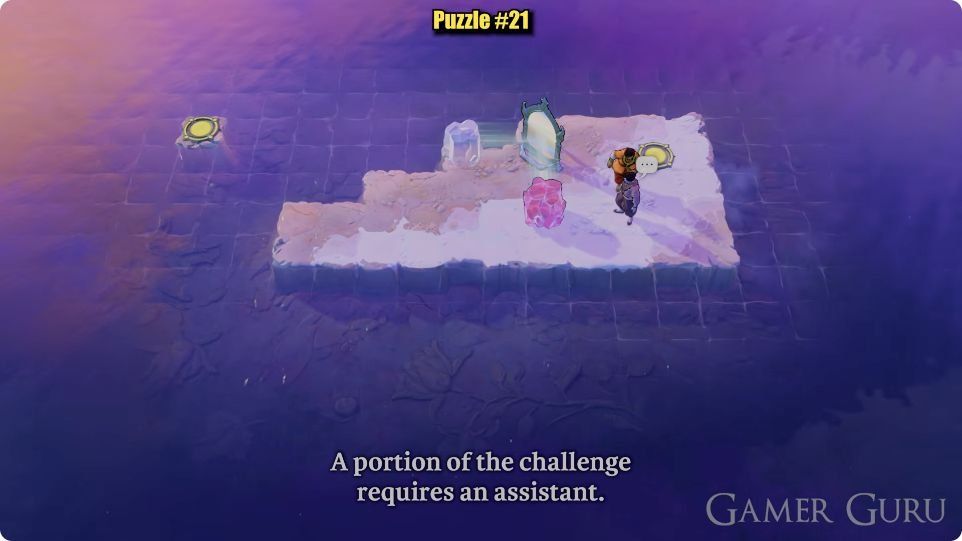 A single island narrows towards the west. A mirror stands near its upper middle, a purple crystal is nearby, and orange-clothed and dark-clothed solid characters stand to the northeast. One gold circle is on the island; another is in the water to the west.