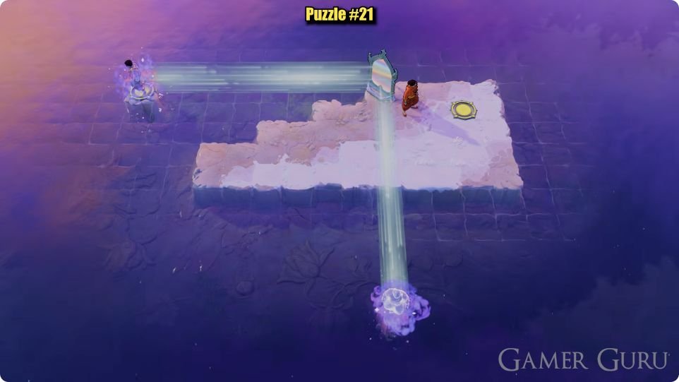 The dark-clothed character transfers onto the western circle while the orange-clothed character remains on the island to reach its eastern circle.