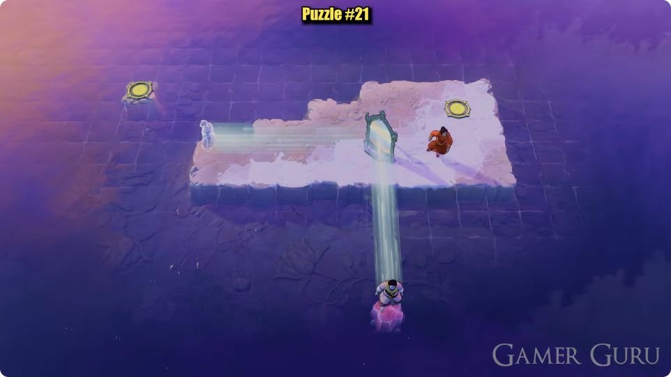 The dark-clothed solid character stands on the southern purple crystal; the orange-clothed character is still on the main island.