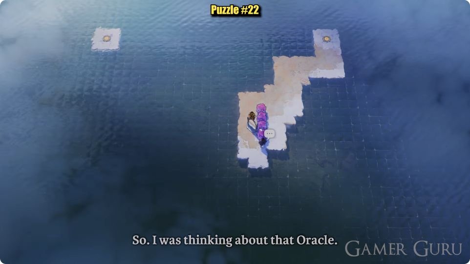 An orange-clothed figure and a dark-clothed figure start at the southern entrance, beside a column of four purple crystals and a mirror to the west. The main island steps northeast to one gold circle. Another circle is on a separate northwest island.
