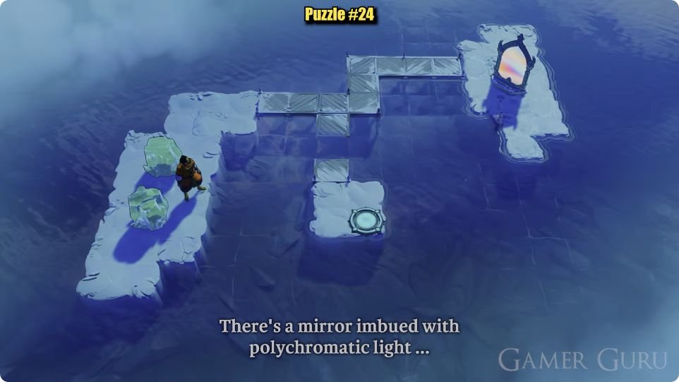 The character starts on a long western island beside two green crystals. A bent metal walkway connects this island to the northeastern mirror island. The small exit-circle island south of the walkway is separated by one missing tile.
