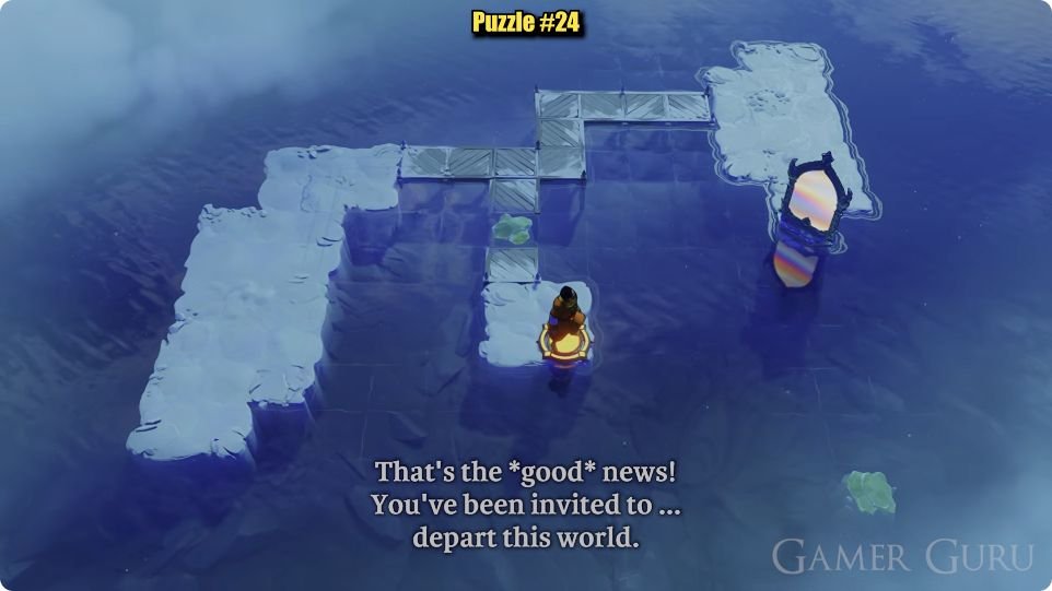 The second green crystal fills the central gap as a flat stepping stone, and the character walks south onto the small exit-circle island.