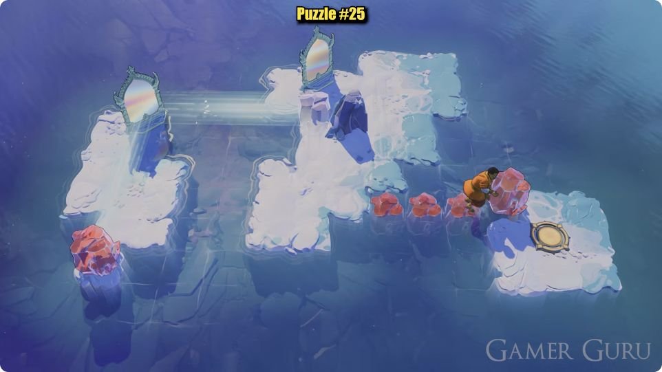 Three flat red stones connect the central island to the exit island, while the next crystal is being pushed onto the far shore.
