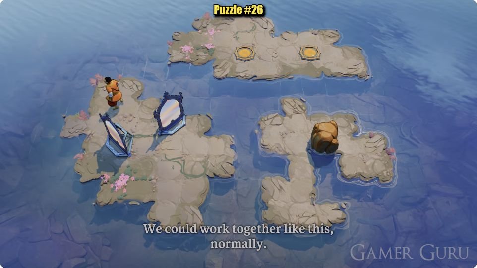 Two similar orange-clothed solid figures start on the western island with two mirrors, one front-facing above and one dark-backed below. The eastern island has a large brown rock and a central notch; the separate northern island holds two gold circles.