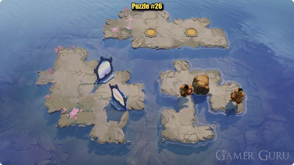 Both solid figures are on the eastern island, on opposite sides of the brown rock.