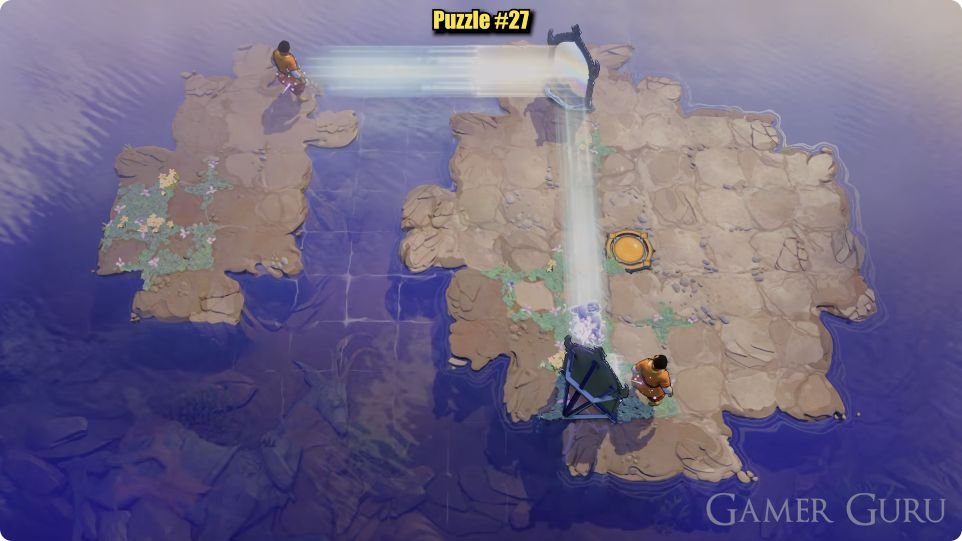 The two solid figures remain on different islands, but their pale landings coincide directly north of the lower mirror.