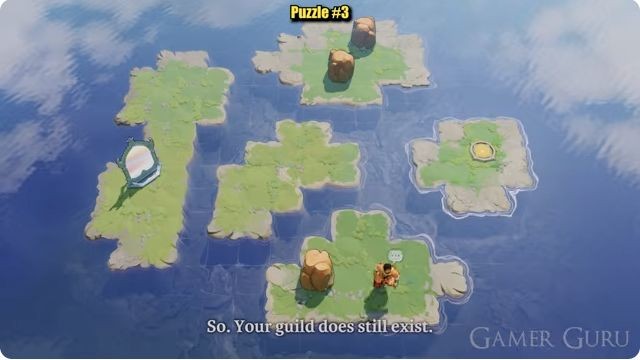Five islands: a long western mirror island, a central island, two rocks on the northern island, the character starting to the south, and a small eastern gold-circle island.