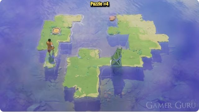 The character reaches the narrow tail of the northwest exit island, then walks north to its gold circle.
