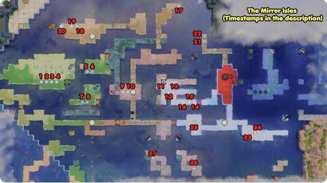 Gamer Guru’s numbered Mirror Isles map: rooms 1–4 on the western green island, 5–6 to its east and 7–8 to its south