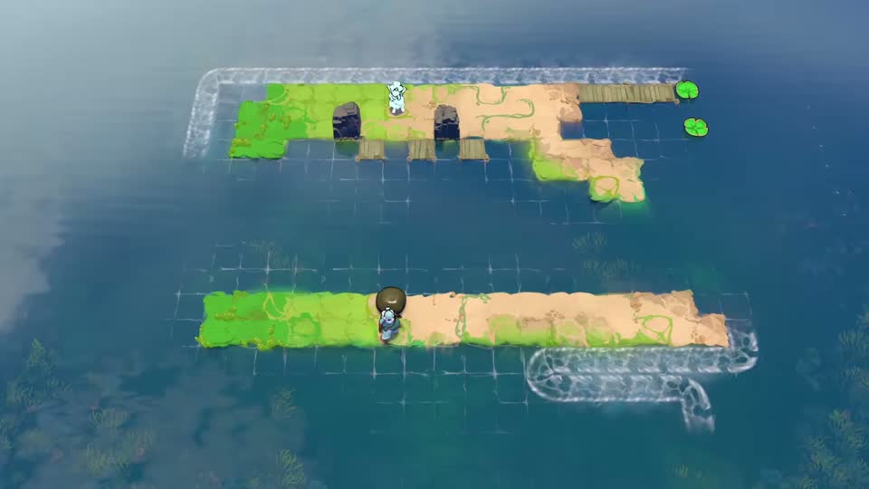 Two long horizontal strips of land with a wooden jetty at the upper right, two lily pads at its tip and one round stone on the lower bank.