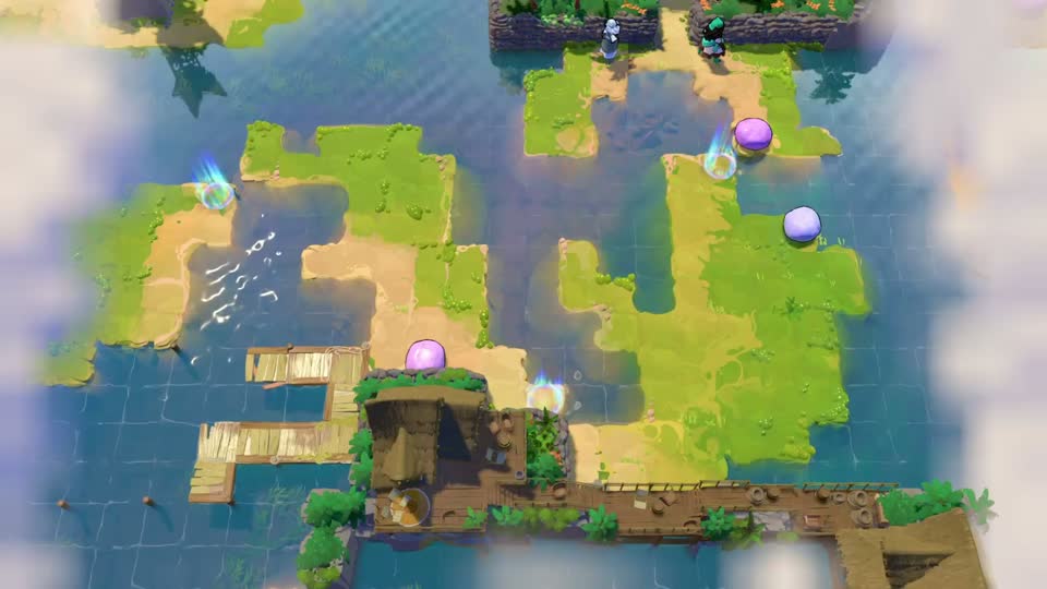 A green island on the right, a winding pool on the left and two short wooden jetties at the lower-left corner. Pink and blue stones mark the route.