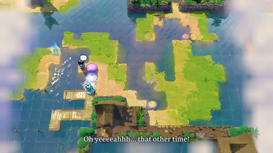 The lower-left dock and winding pool become the focus of the last exchange.