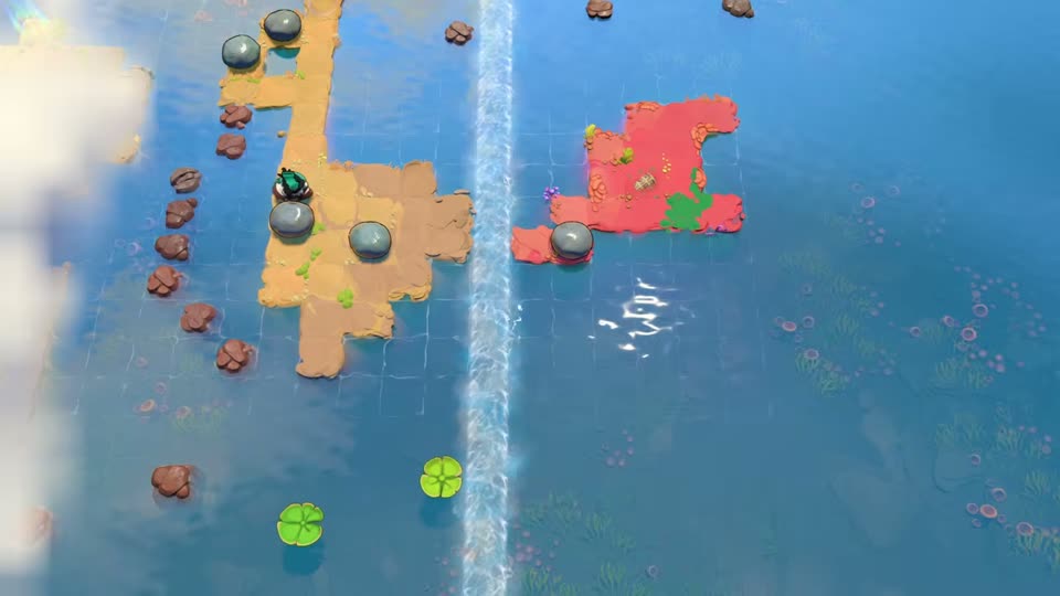 From board 11’s eastern checkpoint, a side route leads to a pale island with two stones, facing a red island across a vertical current.