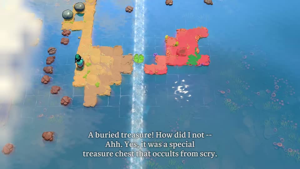 The treasure-side island is reached while another lily pad remains available for the return journey.