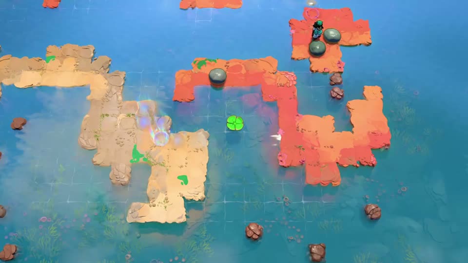 A red-orange hooked island wraps around one lily pad. You enter from a small platform above it; a pale island and checkpoint lie to the left.