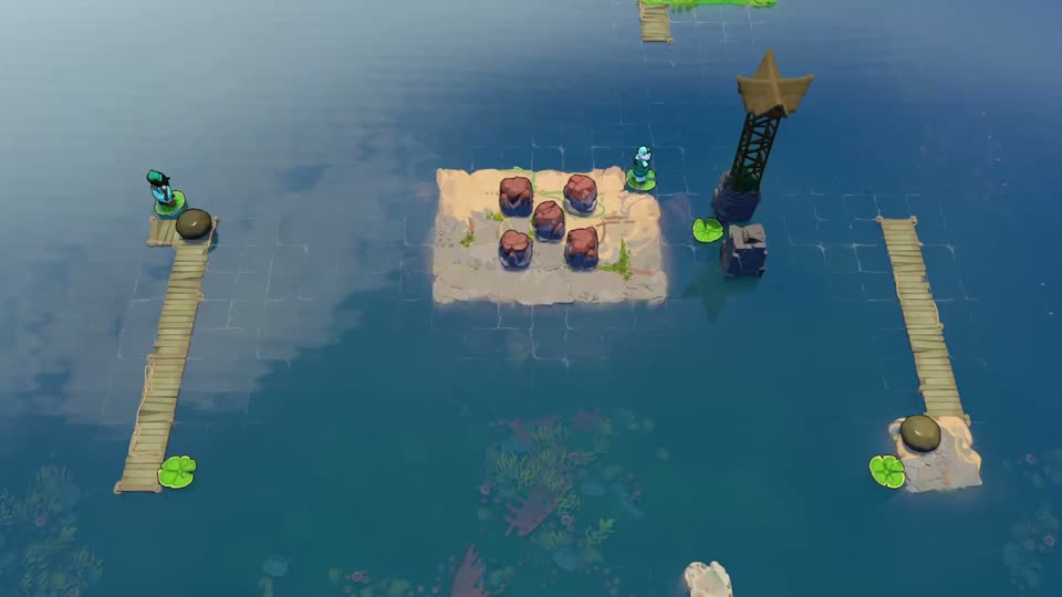 Five red rocks occupy the central island. A tall golden-star pillar stands on its right, with long wooden docks on both outer sides.