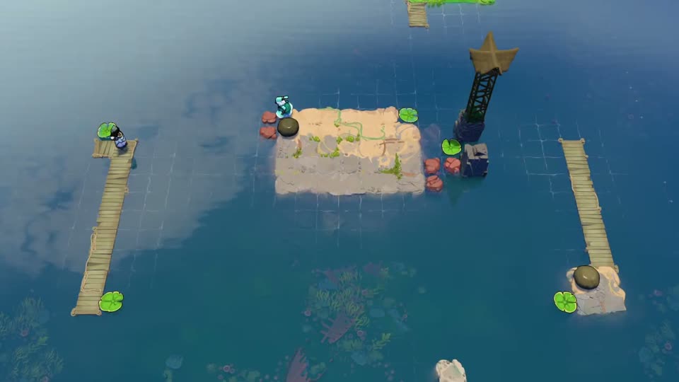 Two submerged rocks extend the left edge; the three-rock corner is on the right.