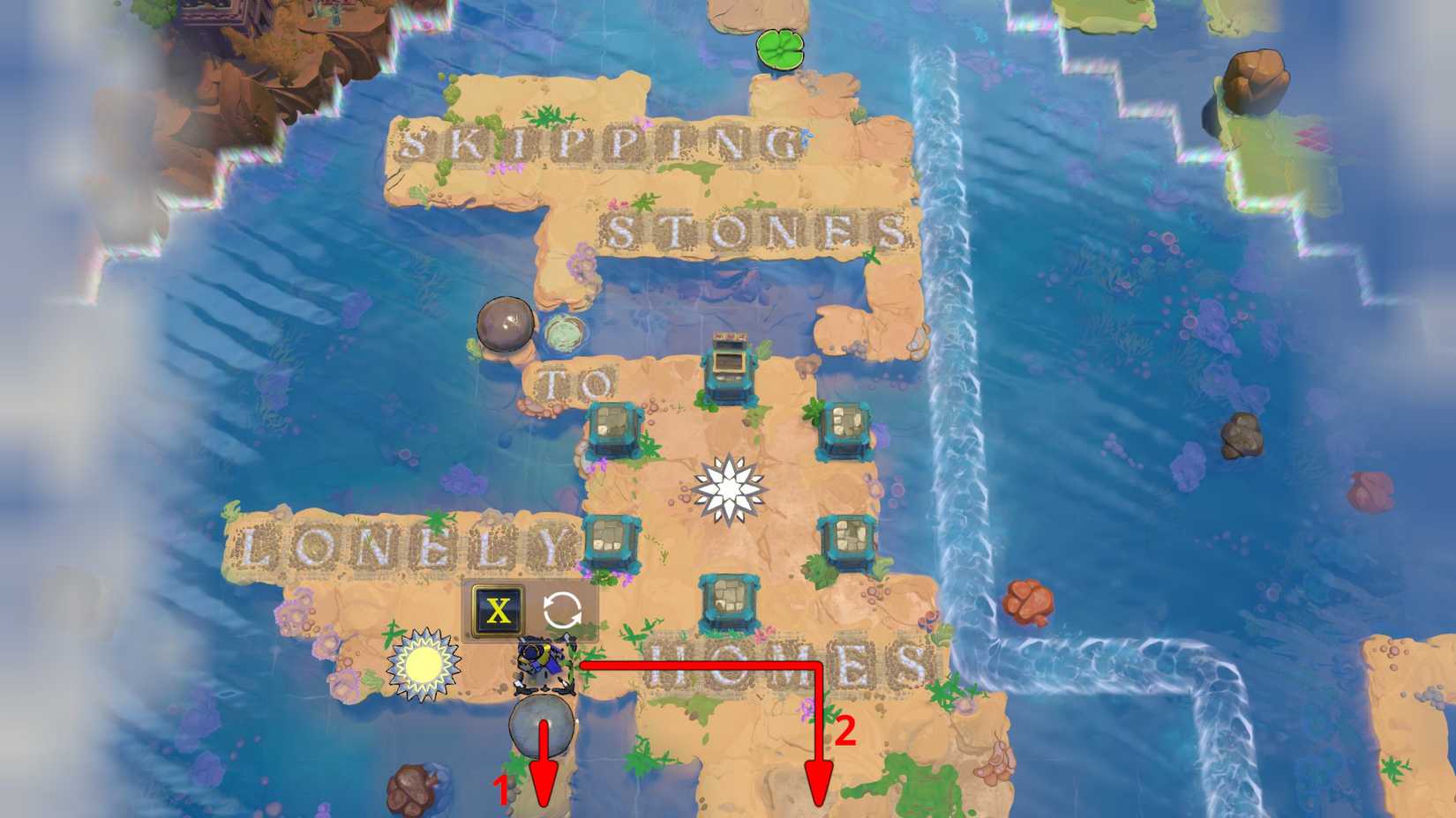 The Level 1 entrance is behind you on the named island. A large stone is now accessible just below its lower-left side.